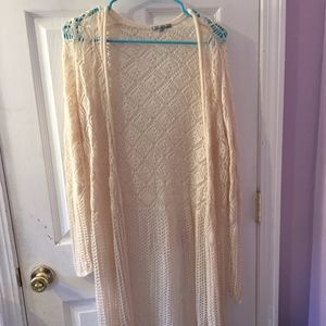 Long tan/white pattern cardigan/sweater